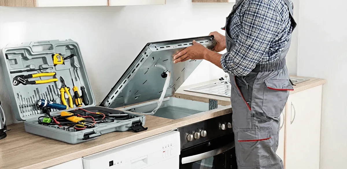 Handyman repairing a cooktop and checking wiring connections in Stockton, CA
